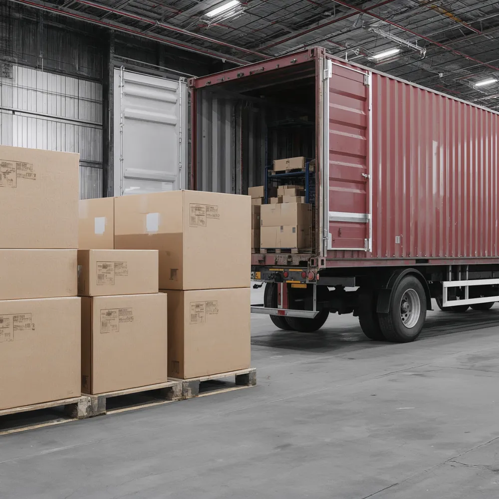 Pallets staged beside a container trailer in a distribution shed