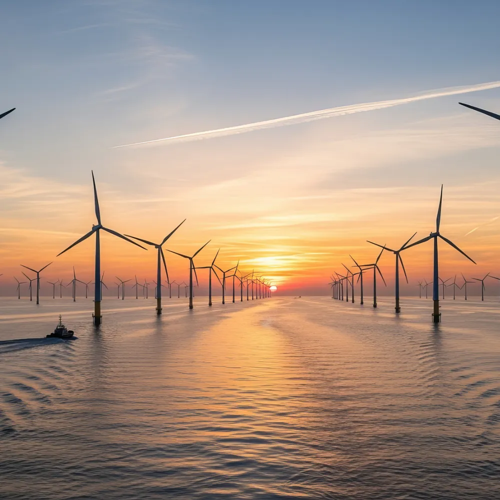 Offshore wind farm at sunset with a crew vessel