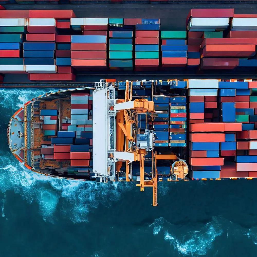 Container ship loading at a deep-water berth, seen from above