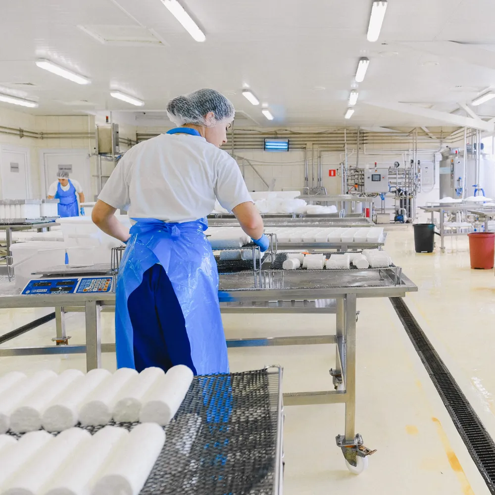 Food production line staff in hygiene aprons and hairnets