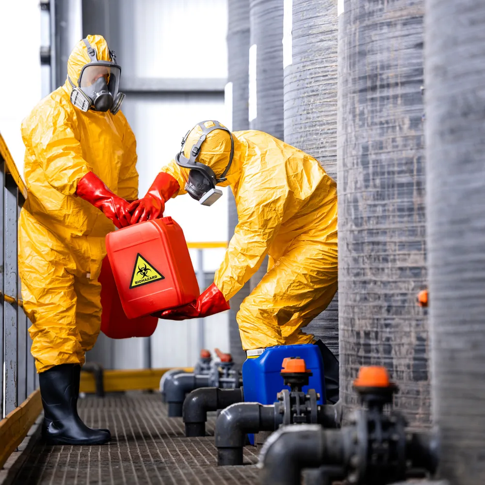 Process workers in chemical protective suits handling drums