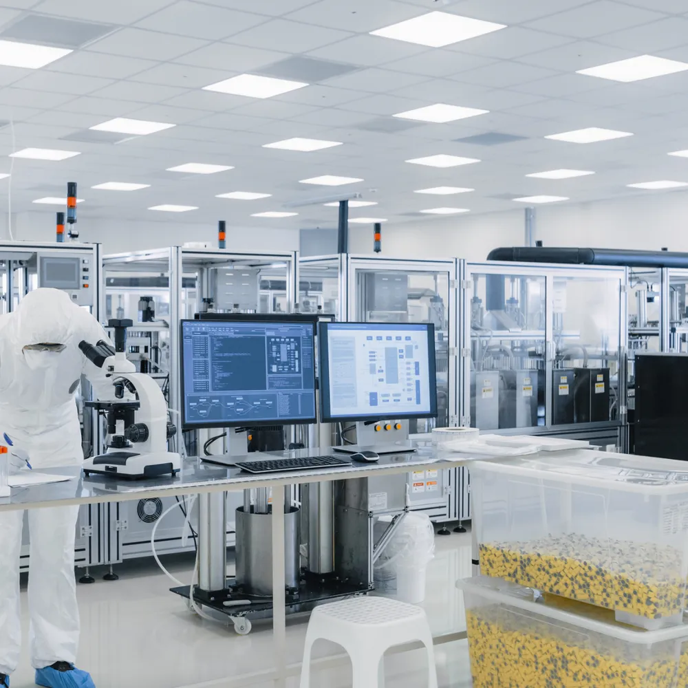 Technician in cleanroom coverall at a semiconductor production line