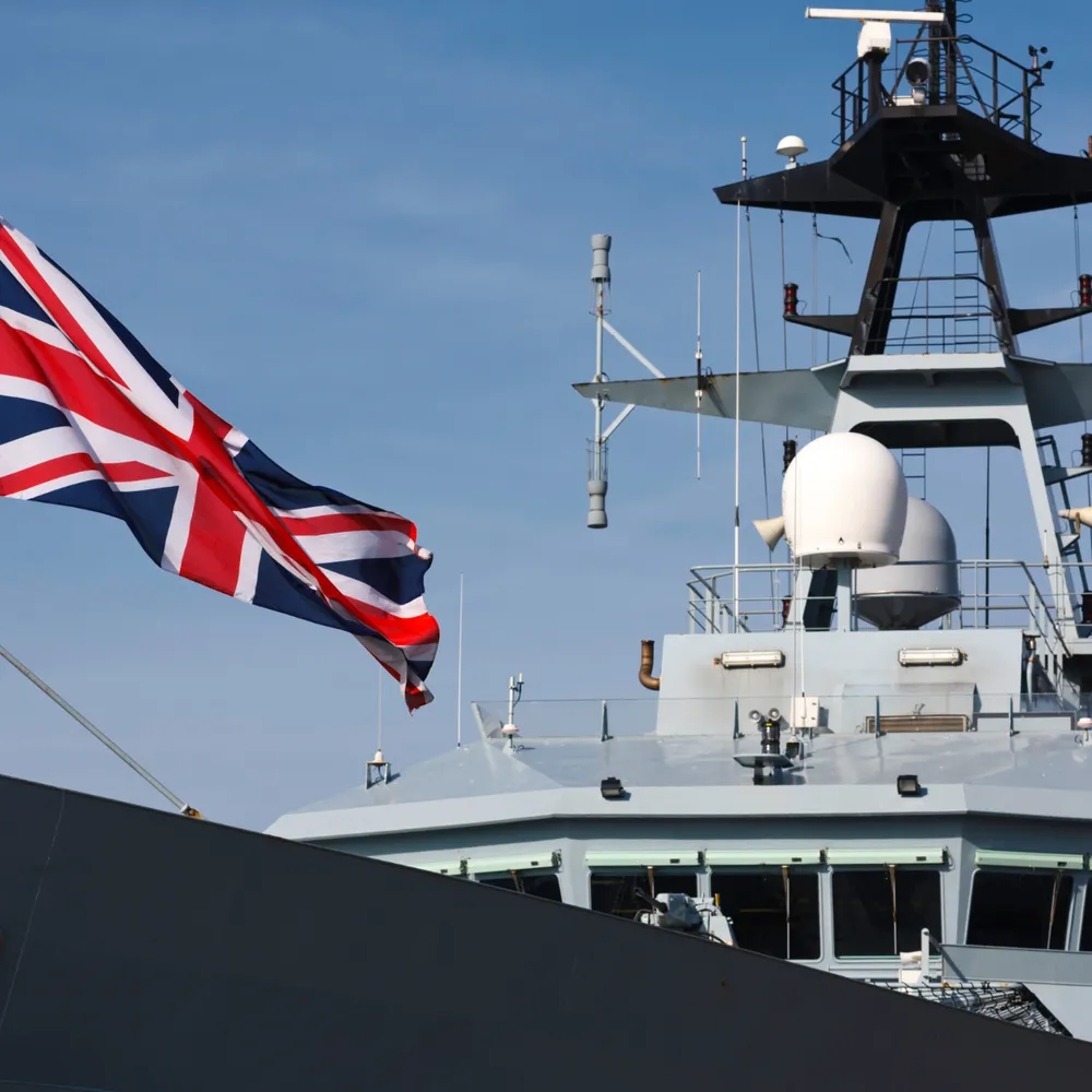 Warship superstructure with the Union Jack flying