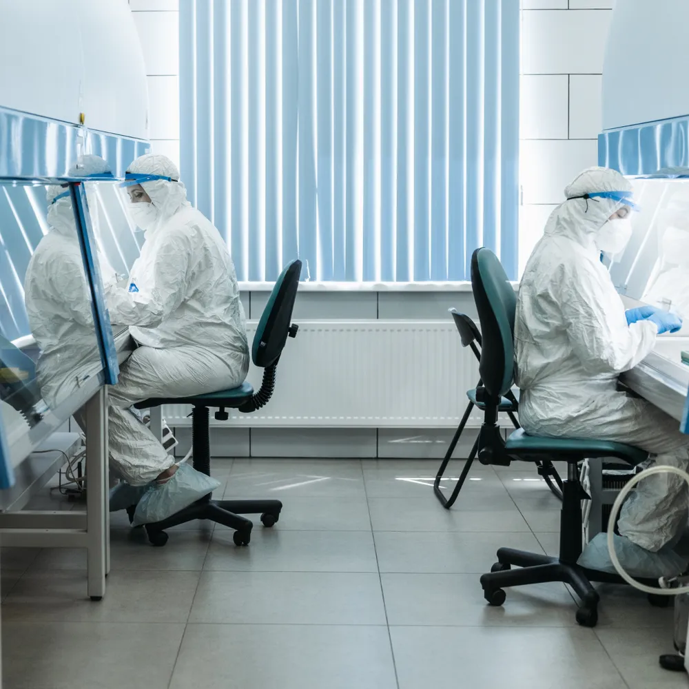 Cleanroom staff in coveralls working at laminar-flow benches