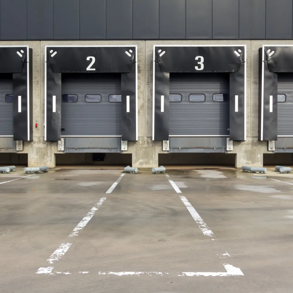 Numbered loading dock doors at a distribution centre