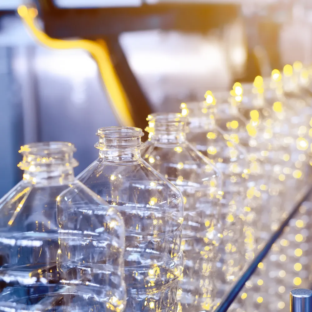 Plastic bottles moving along a production line