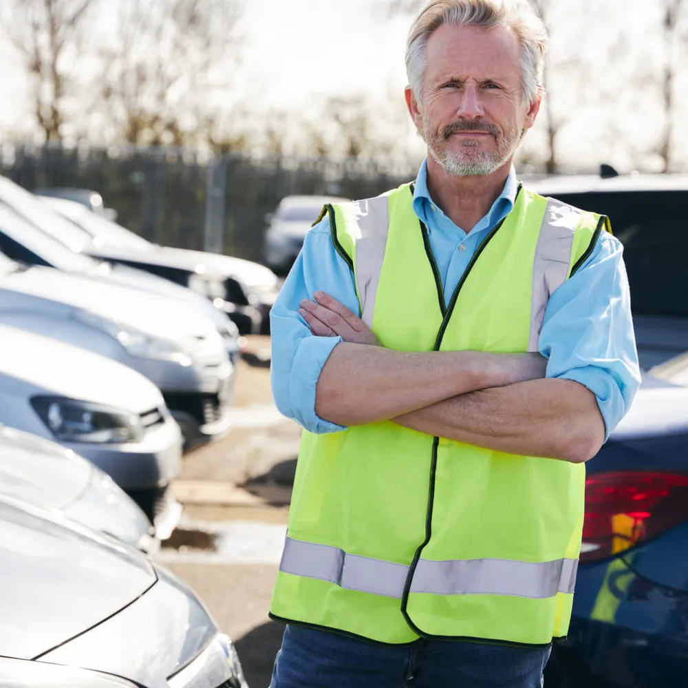 Parking marshal in a yellow hi-vis vest standing between parked cars