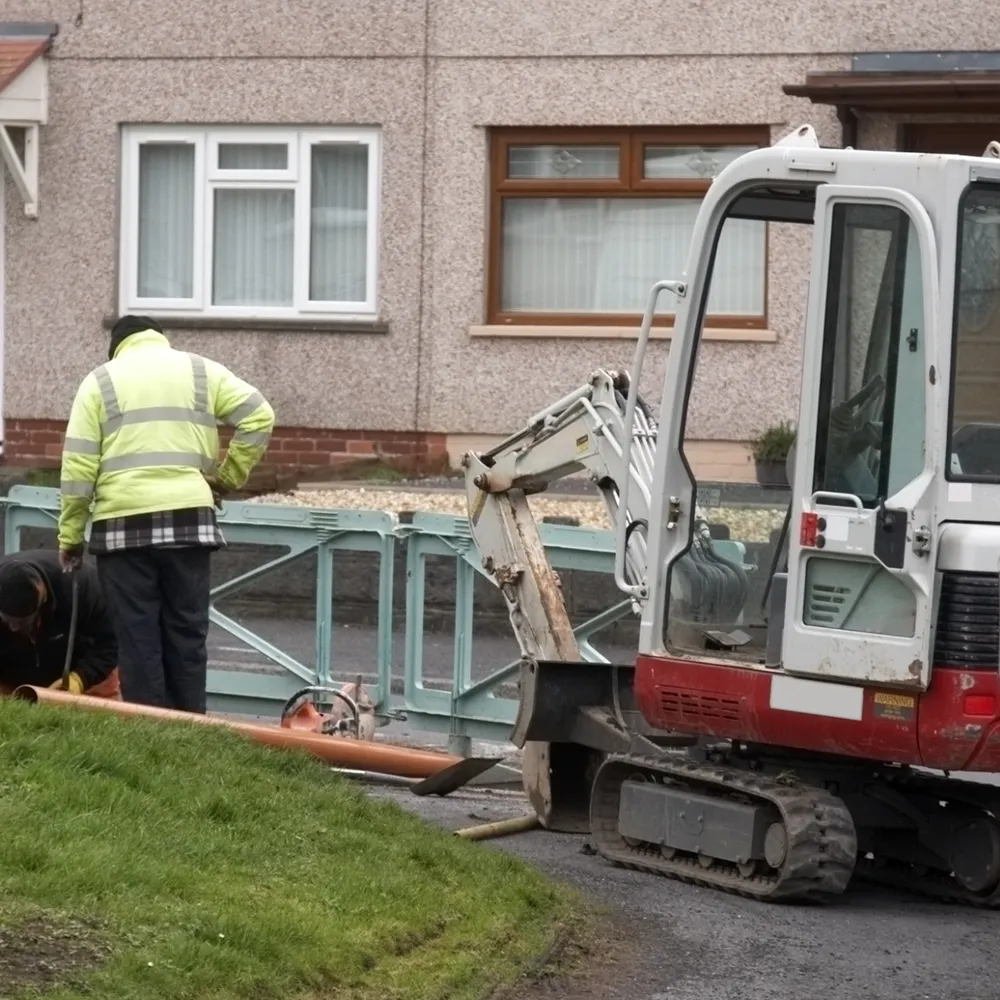 Utility crew with a mini excavator working on a street excavation outside houses