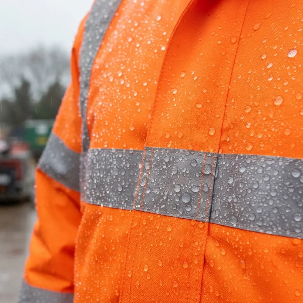 Rain beading on the shoulder of an orange waterproof hi-vis jacket
