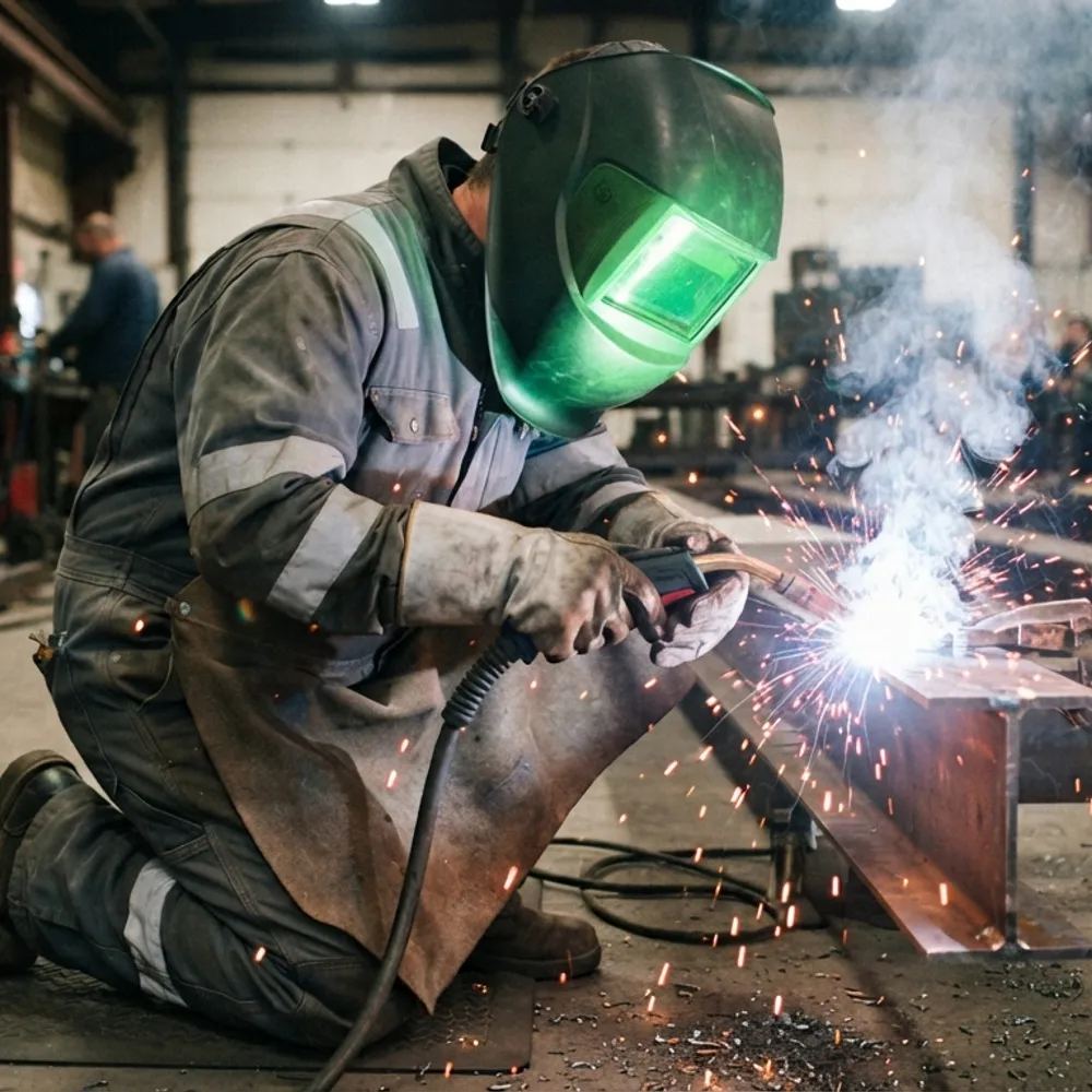 Welder in FR coveralls, leather apron and gauntlets welding a steel beam