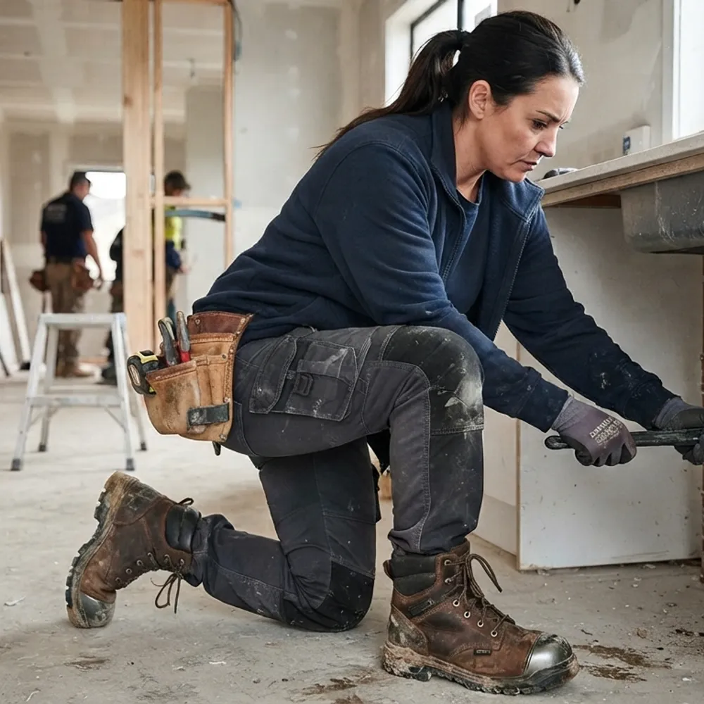Tradeswoman in safety boots and tool belt kneeling to work under a counter