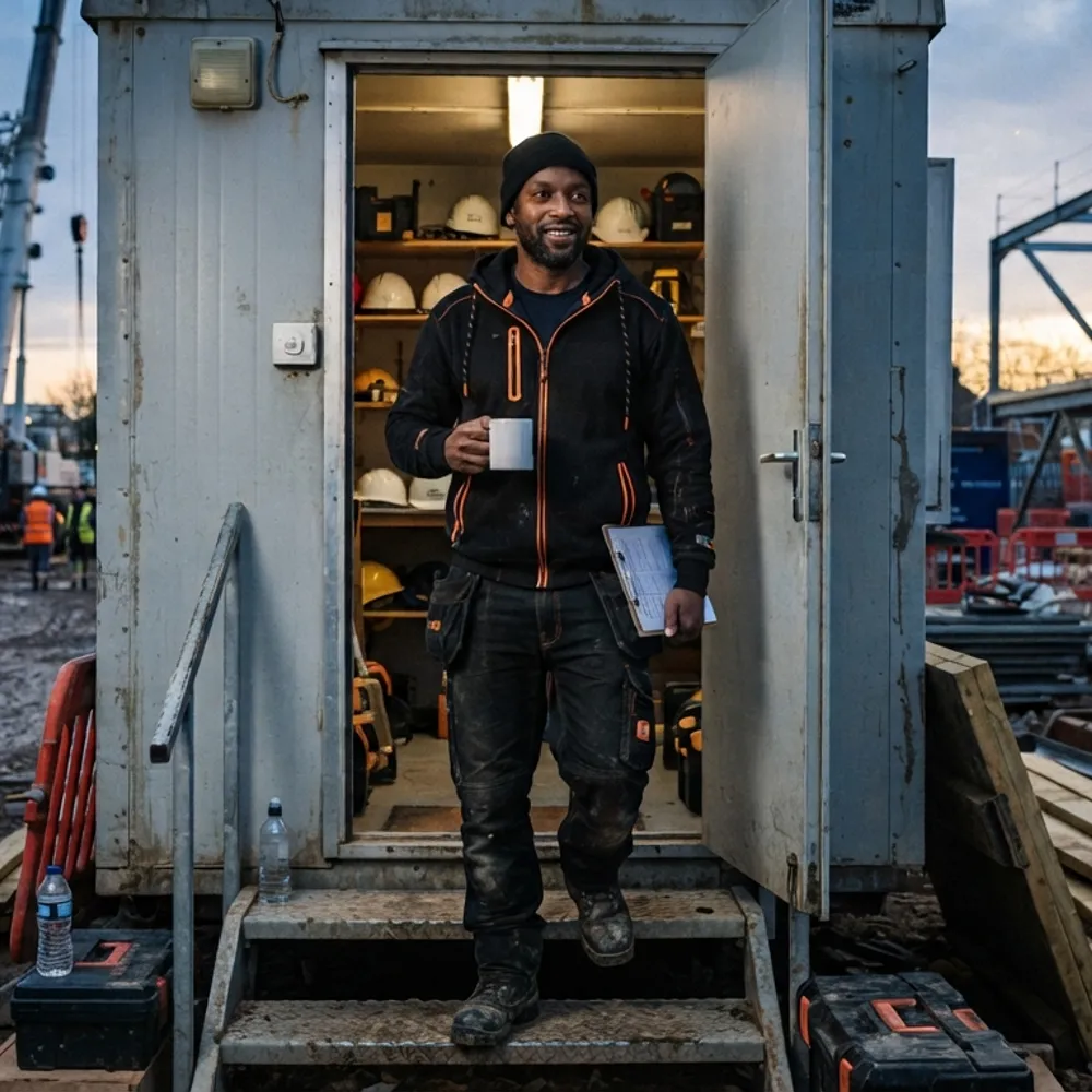 Tradesman in a black zip work hoodie with a mug and clipboard outside a site cabin