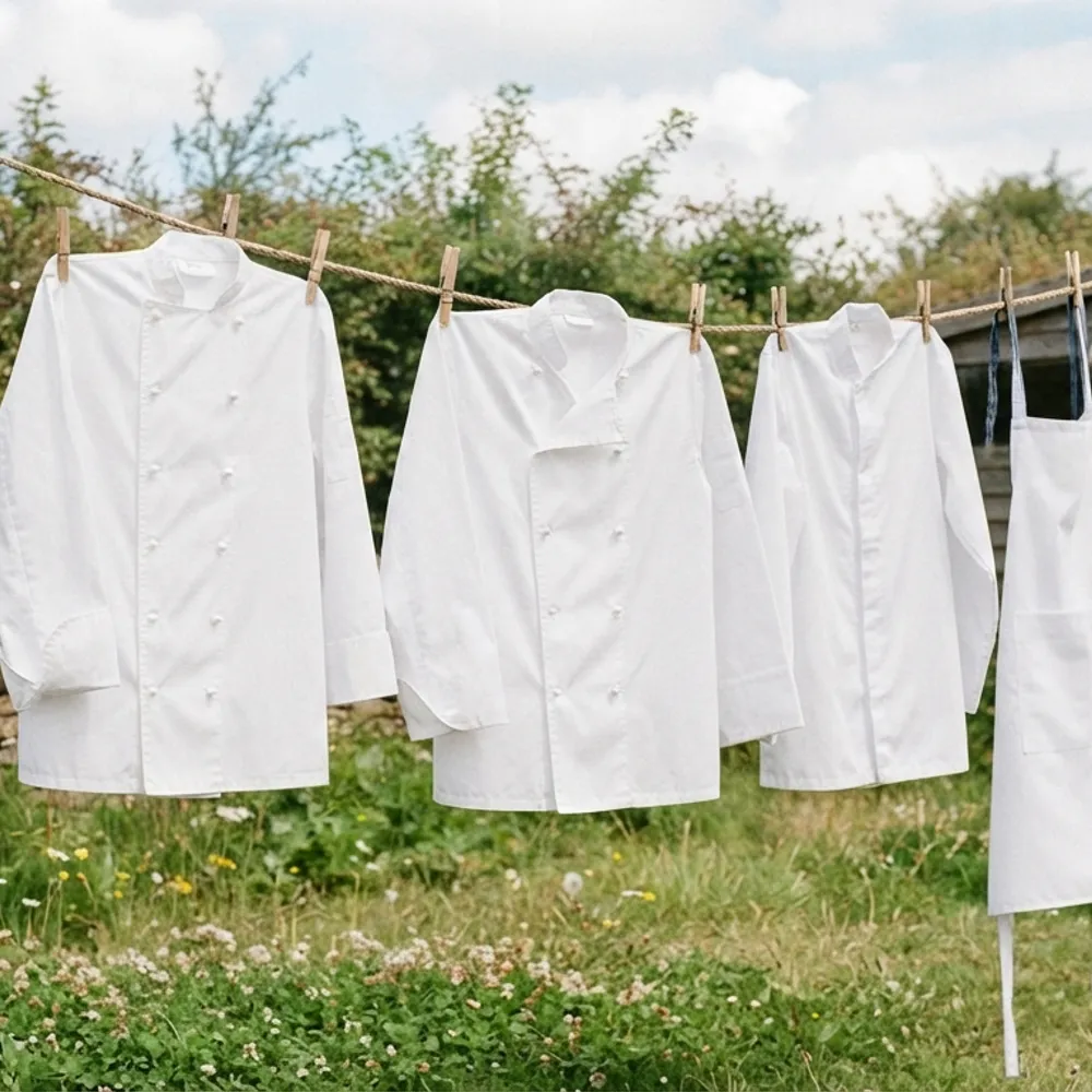 White chef jackets and an apron drying on a washing line