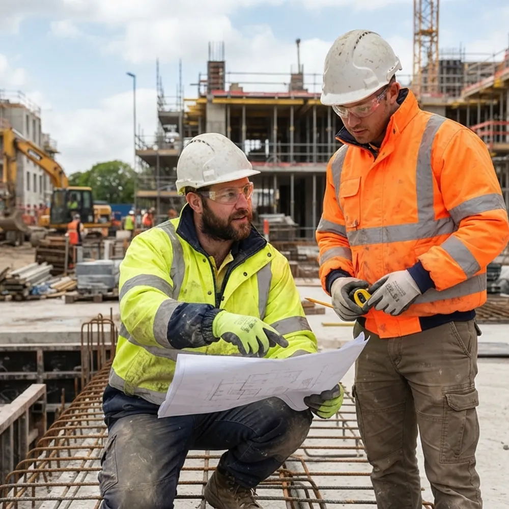 Workers in yellow and orange hi-vis reviewing drawings on a construction site